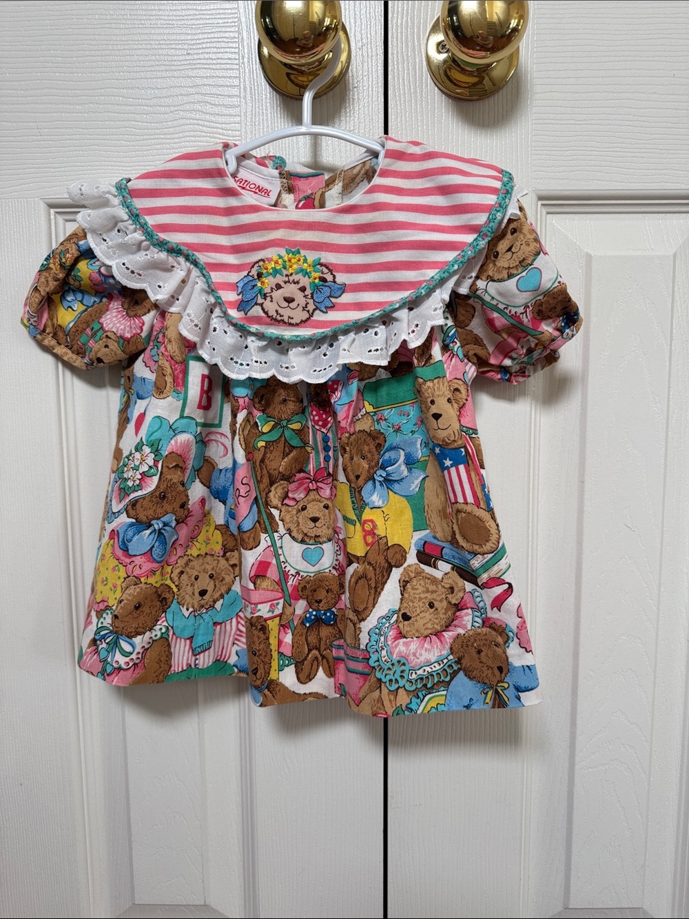 Vintage inspired Girls' Novelty Teddy Print Dress with Pink Stripe Bib